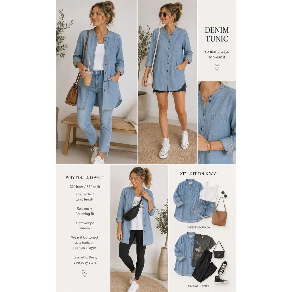 Sandrine Rose Chambray Denim Tunic Fringe Trim Shirt Small minimalist